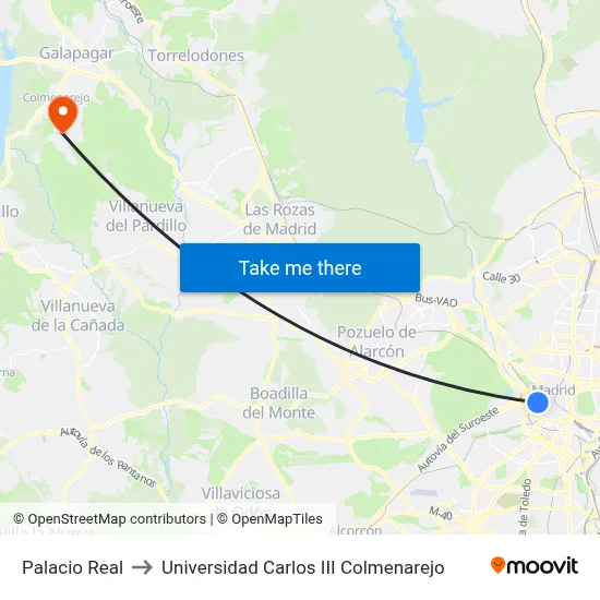 Palacio Real to Universidad Carlos III Colmenarejo map
