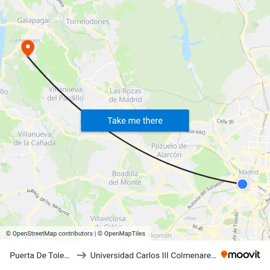 Puerta De Toledo to Universidad Carlos III Colmenarejo map