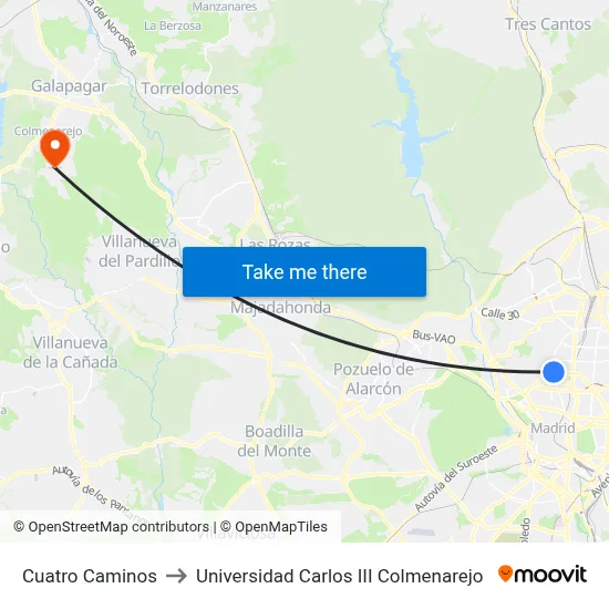 Cuatro Caminos to Universidad Carlos III Colmenarejo map