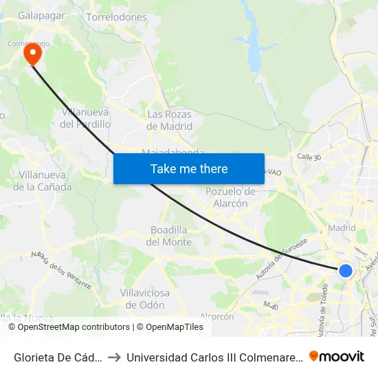 Glorieta De Cádiz to Universidad Carlos III Colmenarejo map