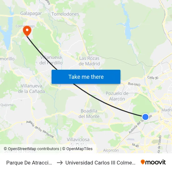 Parque De Atracciones to Universidad Carlos III Colmenarejo map