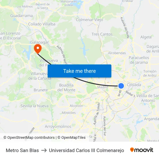 Metro San Blas to Universidad Carlos III Colmenarejo map