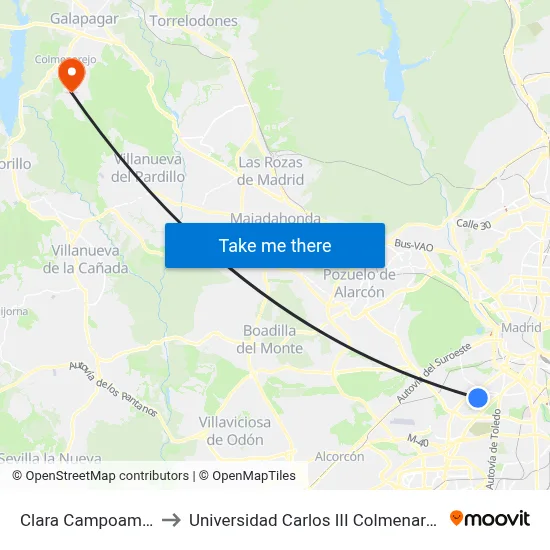 Clara Campoamor to Universidad Carlos III Colmenarejo map
