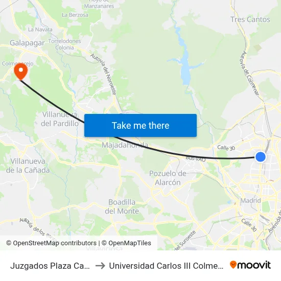 Juzgados Plaza Castilla to Universidad Carlos III Colmenarejo map