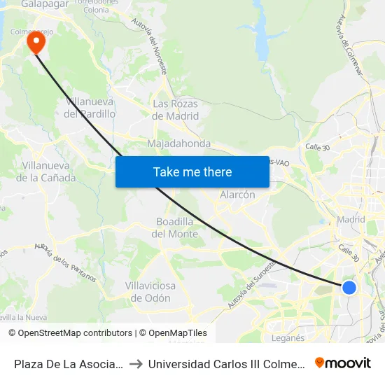 Plaza De La Asociación to Universidad Carlos III Colmenarejo map