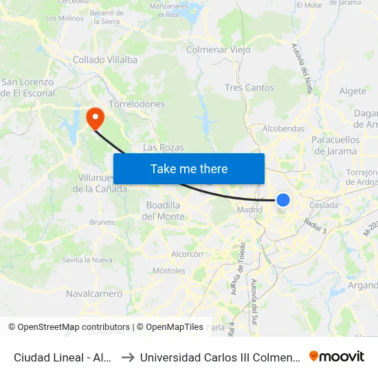 Ciudad Lineal - Alcalá to Universidad Carlos III Colmenarejo map