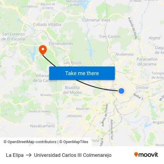 La Elipa to Universidad Carlos III Colmenarejo map
