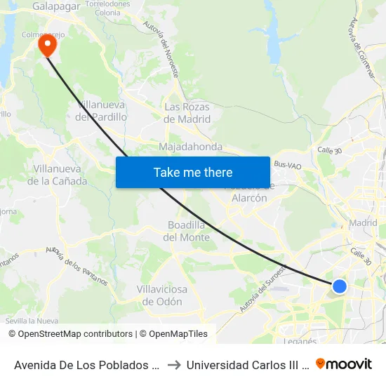 Avenida De Los Poblados - Cocheras Emt to Universidad Carlos III Colmenarejo map