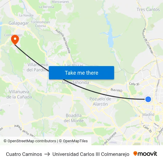 Cuatro Caminos to Universidad Carlos III Colmenarejo map