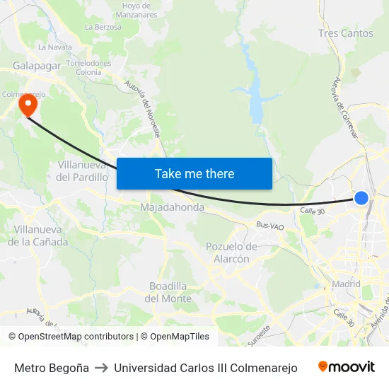 Metro Begoña to Universidad Carlos III Colmenarejo map