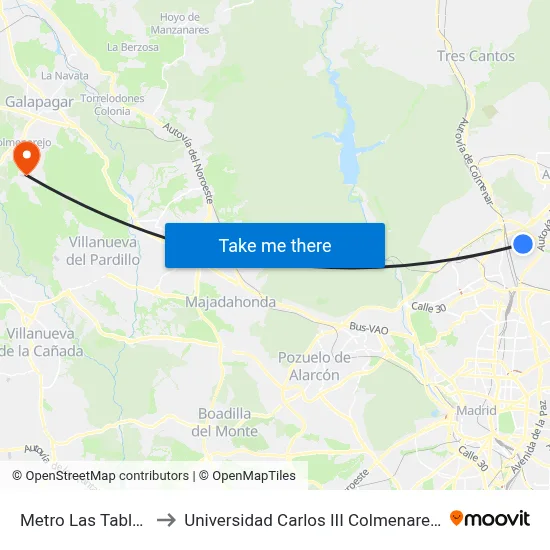 Metro Las Tablas to Universidad Carlos III Colmenarejo map
