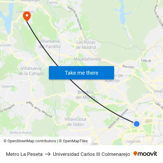 Metro La Peseta to Universidad Carlos III Colmenarejo map