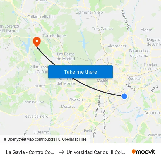 La Gavia - Centro Comercial to Universidad Carlos III Colmenarejo map