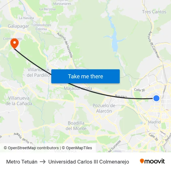 Metro Tetuán to Universidad Carlos III Colmenarejo map