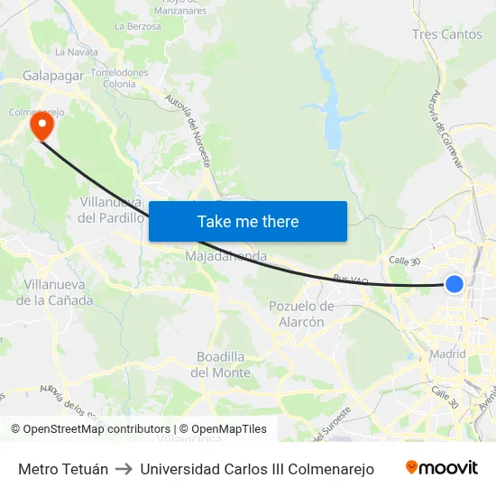 Metro Tetuán to Universidad Carlos III Colmenarejo map