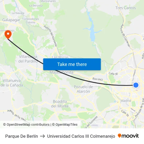 Parque De Berlín to Universidad Carlos III Colmenarejo map