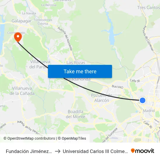 Fundación Jiménez Diaz to Universidad Carlos III Colmenarejo map