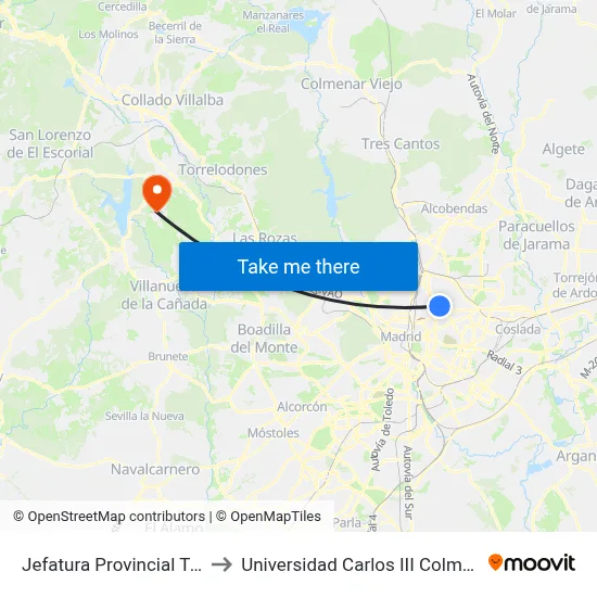 Jefatura Provincial Tráfico to Universidad Carlos III Colmenarejo map