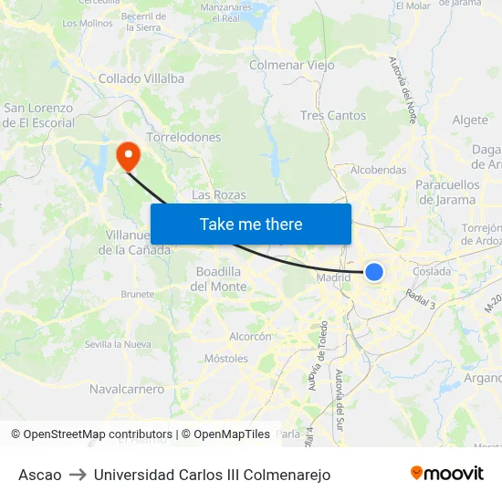 Ascao to Universidad Carlos III Colmenarejo map