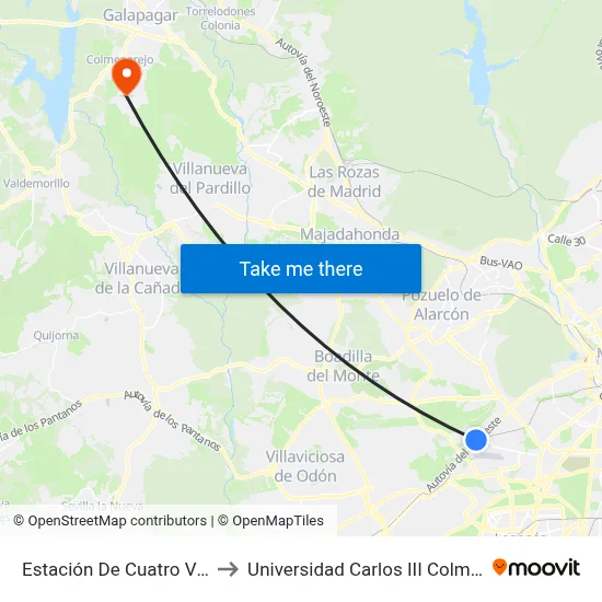 Estación De Cuatro Vientos to Universidad Carlos III Colmenarejo map