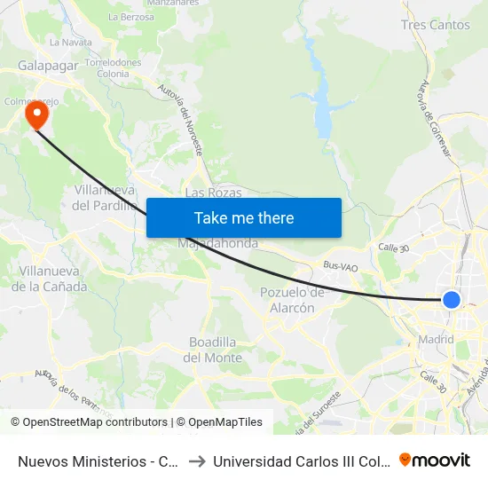 Nuevos Ministerios - Castellana to Universidad Carlos III Colmenarejo map