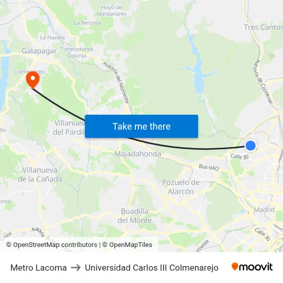 Metro Lacoma to Universidad Carlos III Colmenarejo map