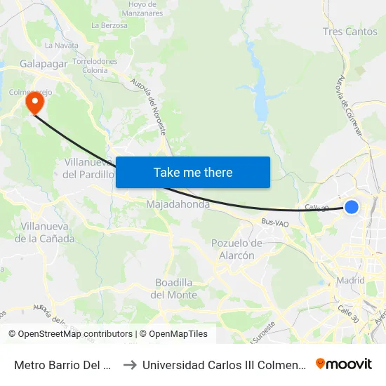 Metro Barrio Del Pilar to Universidad Carlos III Colmenarejo map