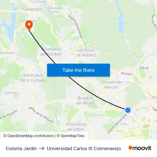Colonia Jardín to Universidad Carlos III Colmenarejo map