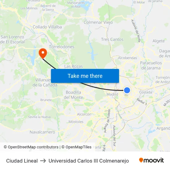 Ciudad Lineal to Universidad Carlos III Colmenarejo map