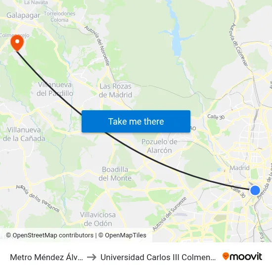 Metro Méndez Álvaro to Universidad Carlos III Colmenarejo map