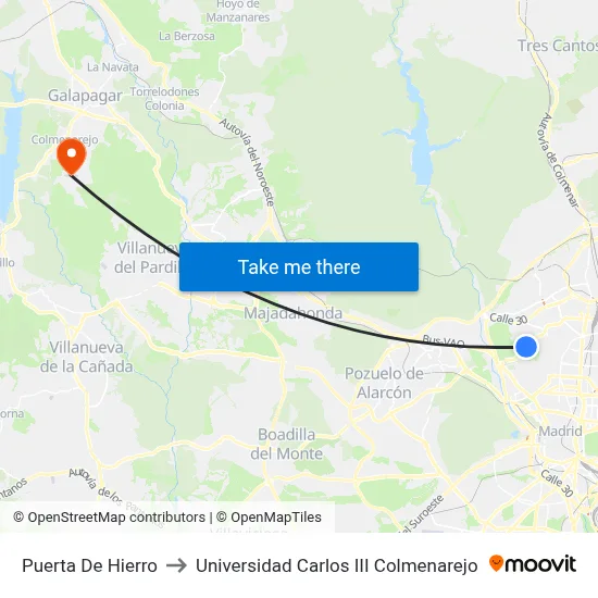 Puerta De Hierro to Universidad Carlos III Colmenarejo map