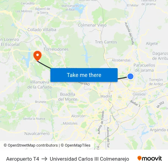 Aeropuerto T4 to Universidad Carlos III Colmenarejo map