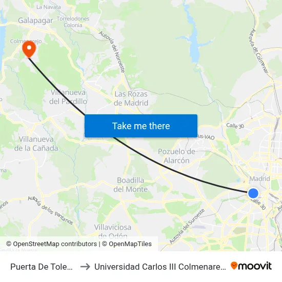 Puerta De Toledo to Universidad Carlos III Colmenarejo map