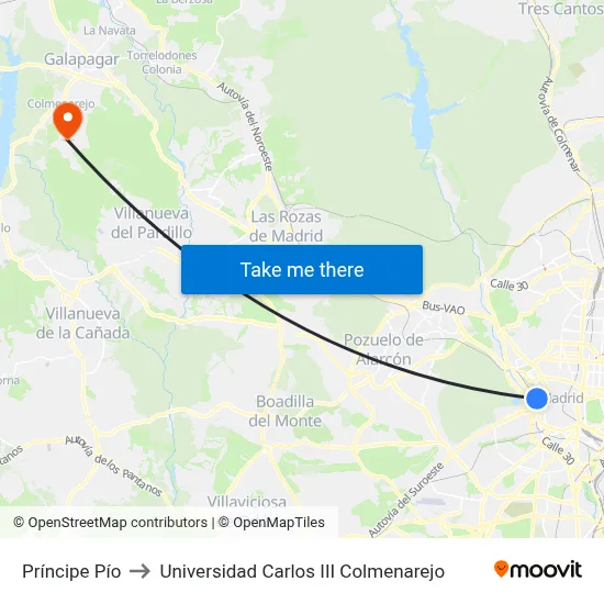 Príncipe Pío to Universidad Carlos III Colmenarejo map