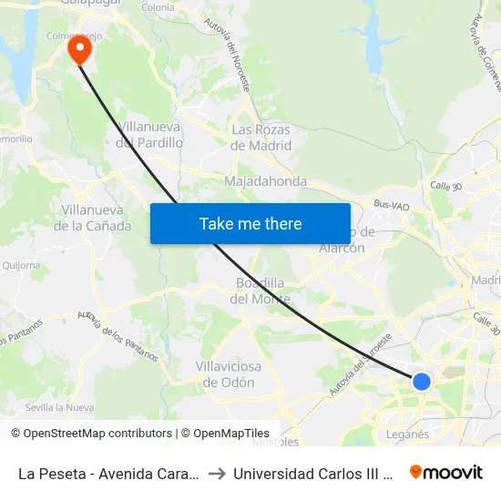 La Peseta - Avenida Carabanchel Alto to Universidad Carlos III Colmenarejo map