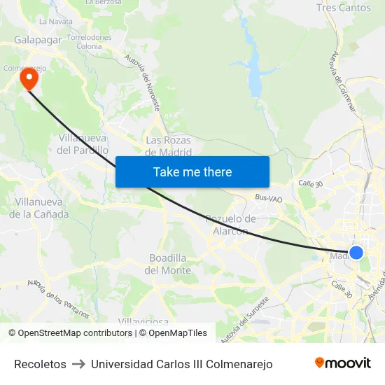 Recoletos to Universidad Carlos III Colmenarejo map