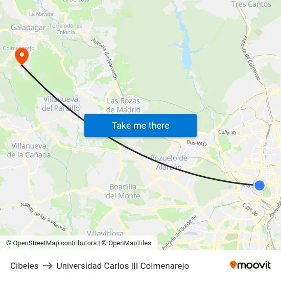 Cibeles to Universidad Carlos III Colmenarejo map