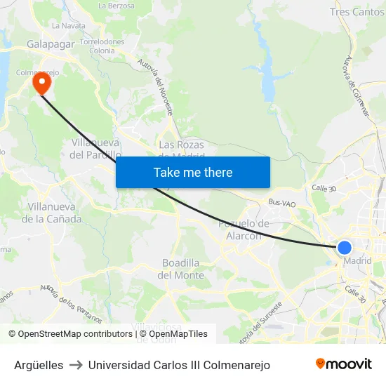 Argüelles to Universidad Carlos III Colmenarejo map