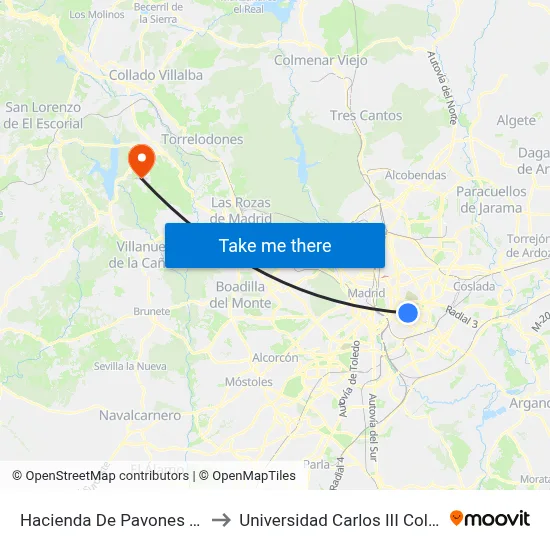 Hacienda De Pavones - Cañada to Universidad Carlos III Colmenarejo map