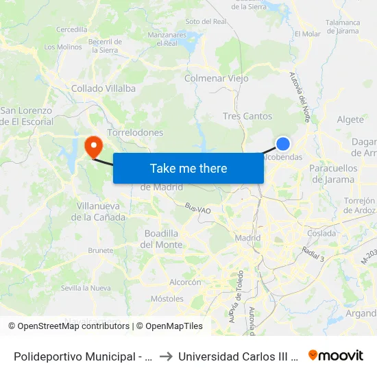 Polideportivo Municipal - Dehesa Boyal to Universidad Carlos III Colmenarejo map