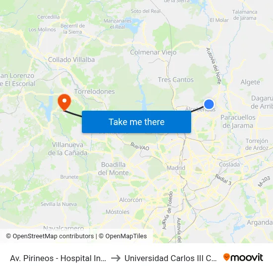 Av. Pirineos - Hospital Infanta Sofía to Universidad Carlos III Colmenarejo map
