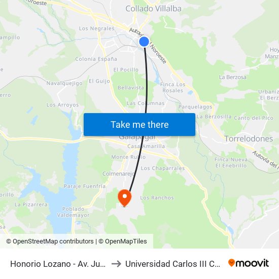 Honorio Lozano - Av. Juan Carlos I to Universidad Carlos III Colmenarejo map