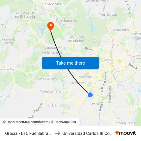 Grecia - Est. Fuenlabrada Central to Universidad Carlos III Colmenarejo map