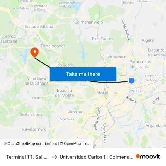 Terminal T1, Salidas to Universidad Carlos III Colmenarejo map