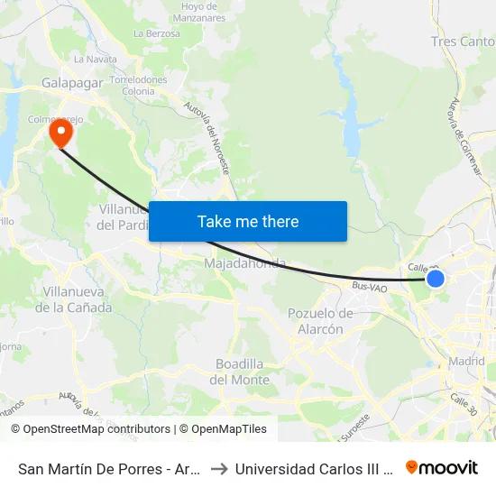 San Martín De Porres - Artesa De Segre to Universidad Carlos III Colmenarejo map