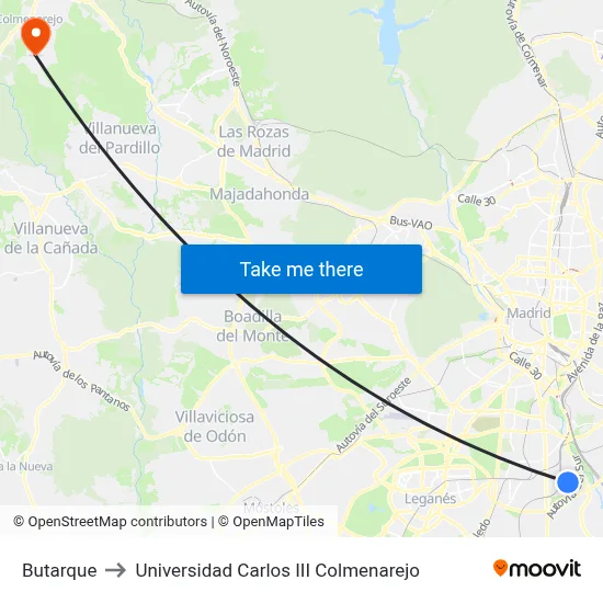 Butarque to Universidad Carlos III Colmenarejo map