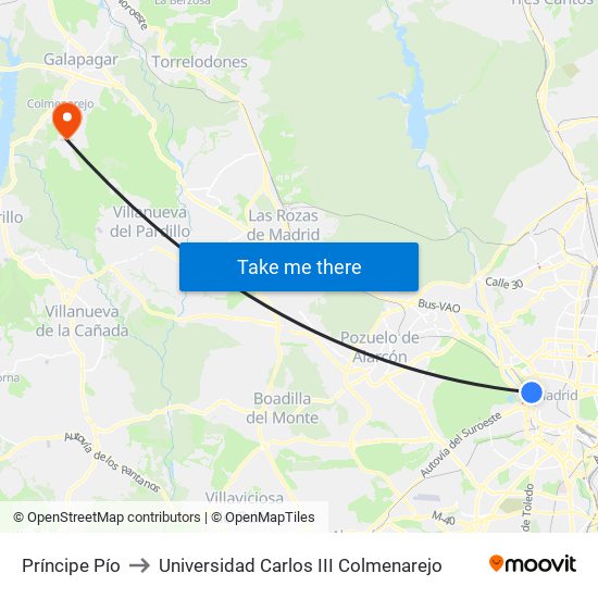 Príncipe Pío to Universidad Carlos III Colmenarejo map
