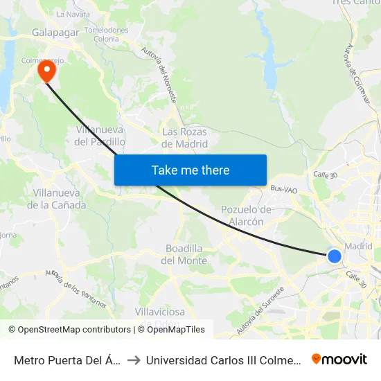 Metro Puerta Del Ángel to Universidad Carlos III Colmenarejo map
