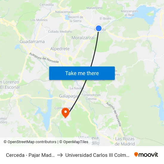 Cerceda - Pajar Maderero to Universidad Carlos III Colmenarejo map