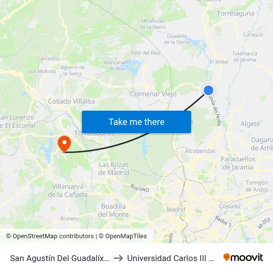 San Agustín Del Guadalíx (Búho Real) to Universidad Carlos III Colmenarejo map